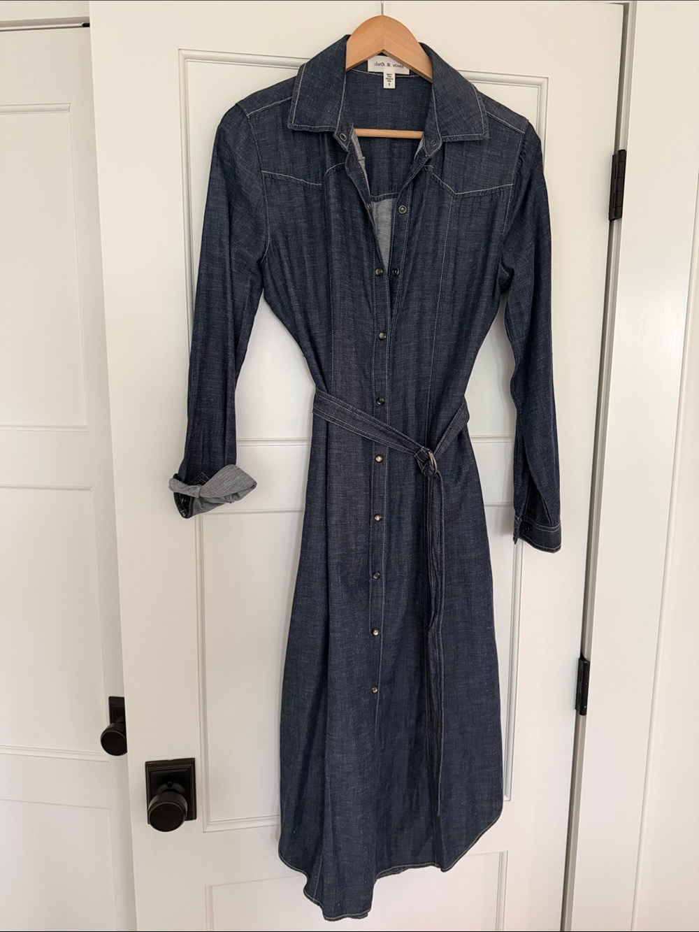 cloth & stone Dark Blue Long Sleeve Denim Shirt Dress with Tie Belt